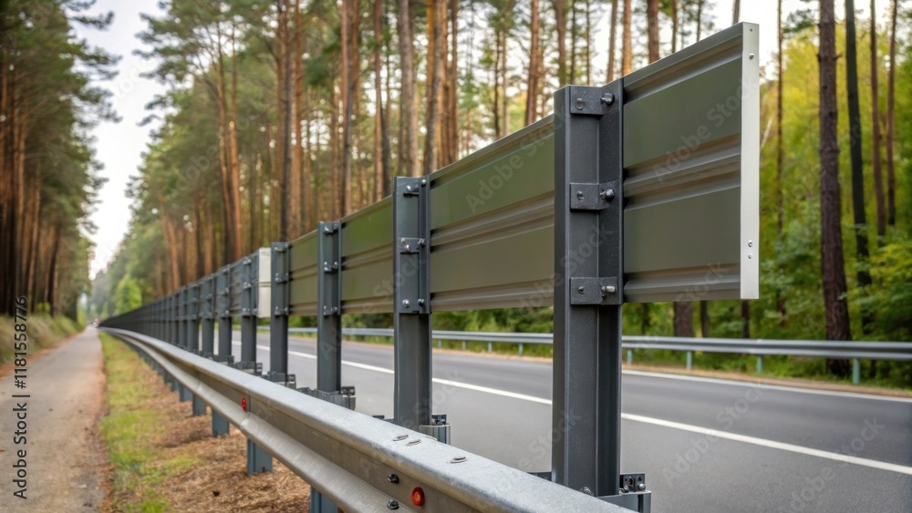 Aufkleber An upclose view captures the mounting brackets securing the noisereduction panels to sy posts showcasing the engineering behind their stability. The nearby roadway is framed by