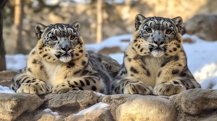 Naklejka premium Majestic Snow Leopards on Rocky Terrain