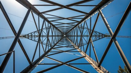 Fototapeta premium An upward angle showcases the towering steel framework with multiple trusses converging at a central point. The geometric patterns formed by the structural components create a