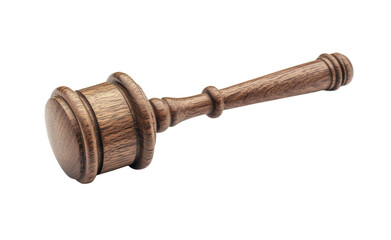 Classic wooden judge gavel with detailed grain texture, symbol of law, justice, or courtroom authority, legal decision tool isolated on transparent background