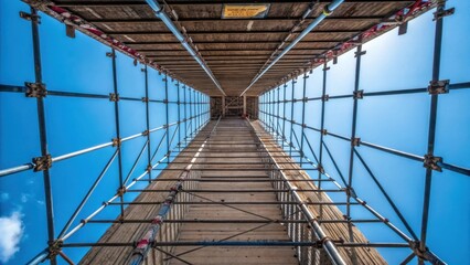 An upward angle revealing the towering scaffolding against a backdrop of a clear blue sky. The angular lines of the scaffolding create a dynamic composition as they converge