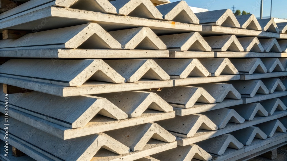 Aufkleber A of precast platform segments stacked upon one another creating a captivating pattern of geometric shapes and shadows. Each piece features a slightly different surface texture