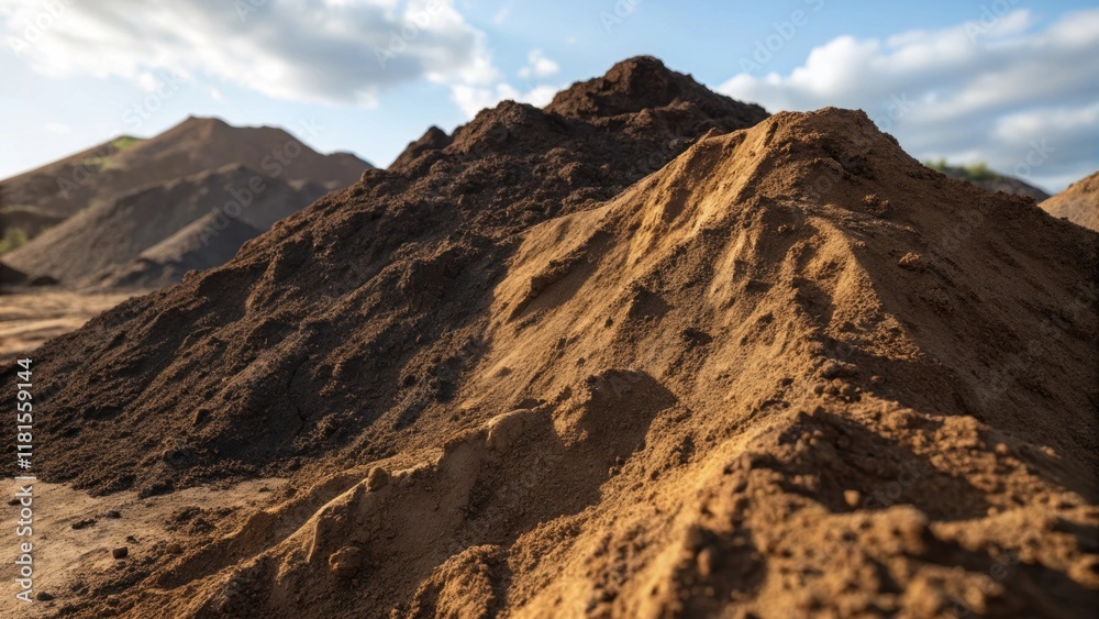Poster A panoramic closeup of a mountainous pile of excavated earth with elements of soil erosion evident at the base. Patches of dark rich dirt contrast with lighter sandy elements