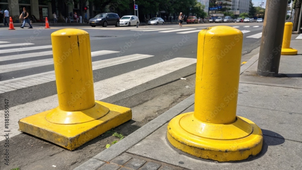 Poster a pair of sy bright yellow traffic bollards positioned strategically at the edge of a crosswalk thei