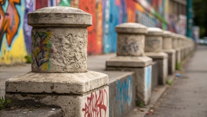 A of precast concrete bollards partially covered in graffiti reflecting the interaction between art and urban space. The erosion of the concrete surfaces over time is illustrated