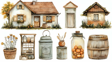 Rustic Charm: Farmhouse, Kitchen, and Garden Watercolor Illustrations