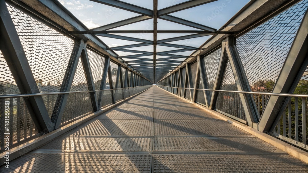 Poster a perspective shot capturing the top view of the pedestrian overpass with steel plates arranged in c