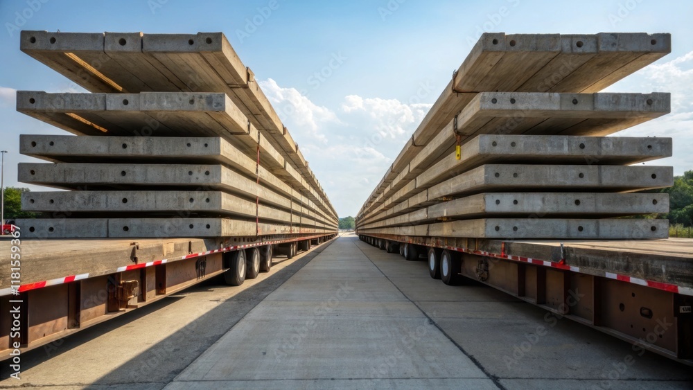 Aufkleber A perspective shot down the length of the flatbed capturing multiple stacked precast sections receding into the distance. Subtle variations in the color of the concrete and the