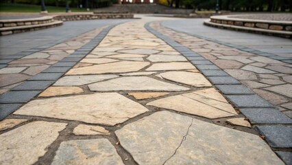 A perspective shot capturing the edges of irregularly shaped hand stones that form a winding path through the plaza. Each stone boasts a distinct profile with some displaying