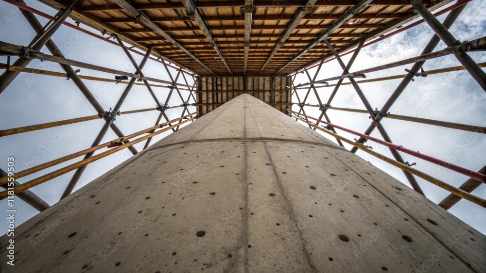Poster A perspective shot that angles upward along the surface of a concrete pillar with intersecting scaffolding forming a protective cage around it. The concrete surface is dotted with