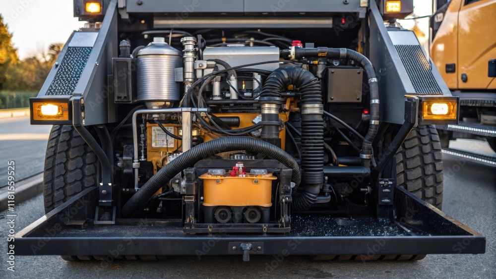 Aufkleber a photograph focusing on the engine compartment of a parked asphalt milling machine where various co