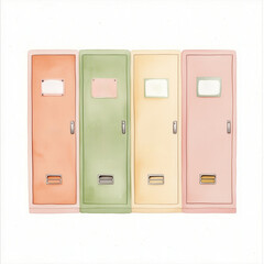 Naklejka premium First Day Back to School Supplies. Colorful lockers in a row with small windows.