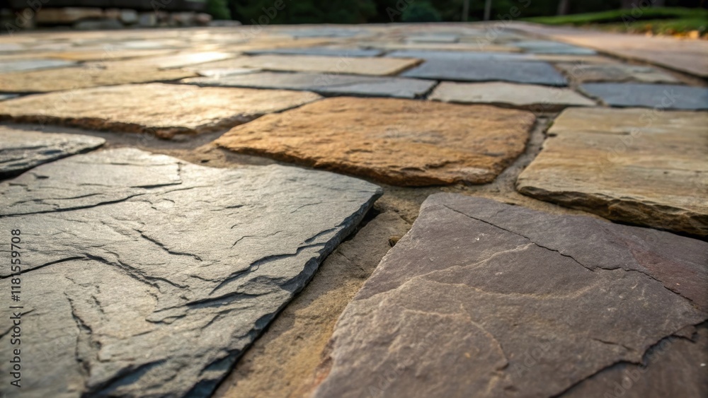 Poster a rich texture closeup revealing the rough surfaces of large flagstone pieces each stone showcasing 