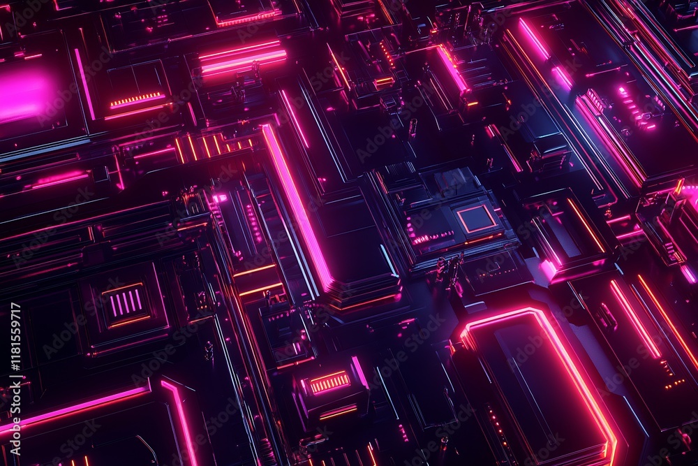 Poster vibrant cybernetic circuit board with glowing neon lights and futuristic design : generative ai