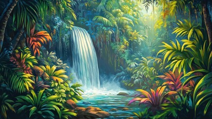 Obraz premium Lush Tropical Waterfall Paradise: A Serene Jungle Oasis