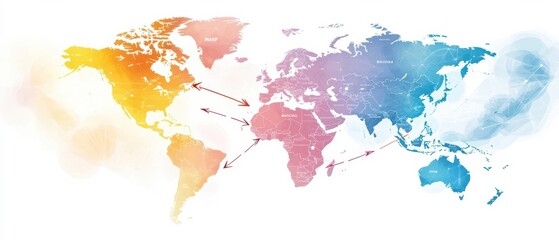 Obraz premium Colorful watercolor world map with abstract design elements and connections between continents.