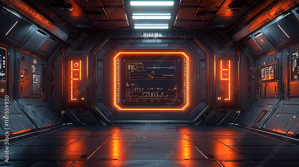 Poster futuristic sci-fi corridor with glowing orange and blue neon lights for virtual reality design : gen