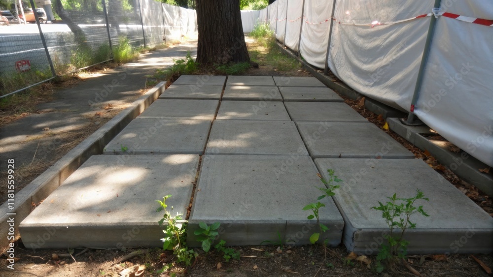 Poster A section of sidewalk slabs ed together in a temporary storage area surrounded by makeshift barriers. The light filtering through a nearby tree creates dappled patterns on the