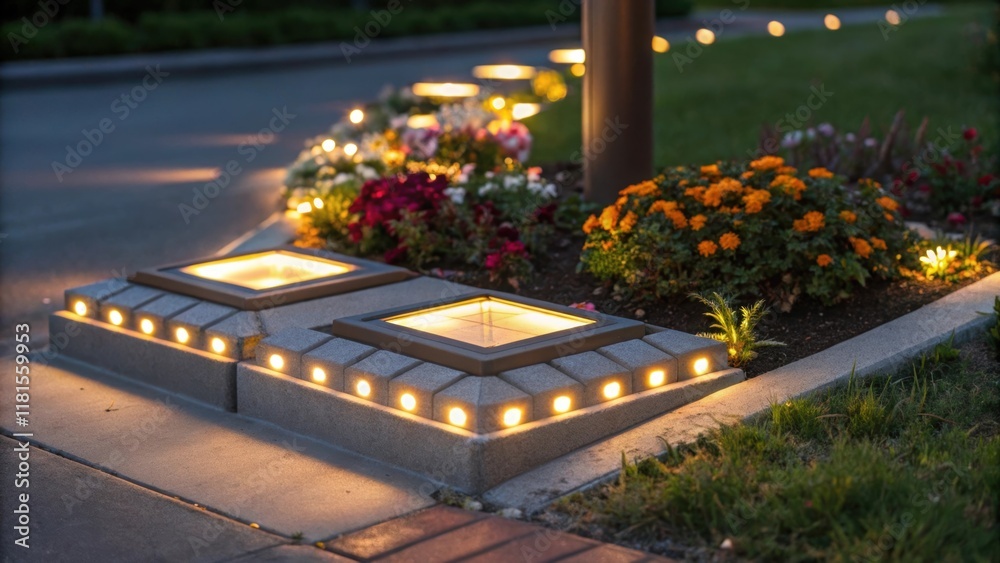 Poster A serene closeup of a modular traffic island embedded with solarpowered LED lights that illuminate the borders at twilight. The warm glow of the lights embraces the surrounding