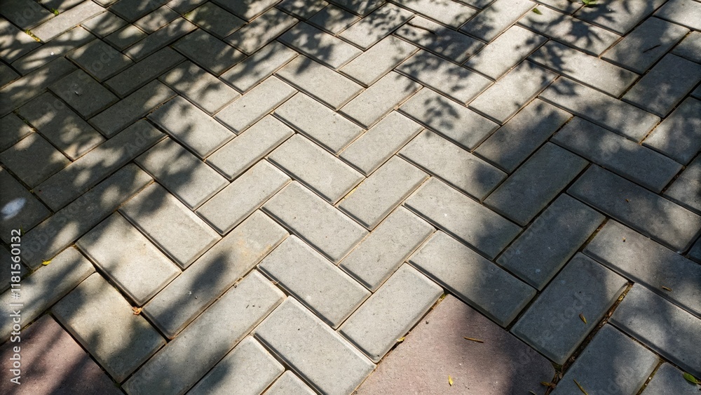 Aufkleber A series of interlocking concrete pavers arranged in a herringbone pattern accentuated by shadows cast by nearby foliage. The sharp edges of the pavers create a visually dynamic