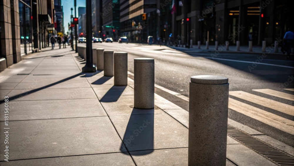 Poster a shot capturing the intersection of the precast concrete bollards and a vibrant city street. the in