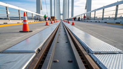A shot capturing the profile of a wide expansion joint showcasing its robust design as it stretches across the bridge deck with views of surrounding construction tools and safety