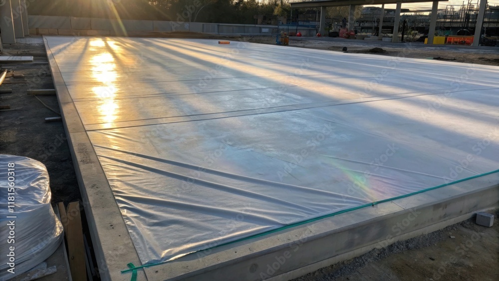 Poster A shot highlighting the interplay of light and shadow on the surface of a curing concrete slab partially shielded by protective sheeting that flutters slightly in the breeze. The