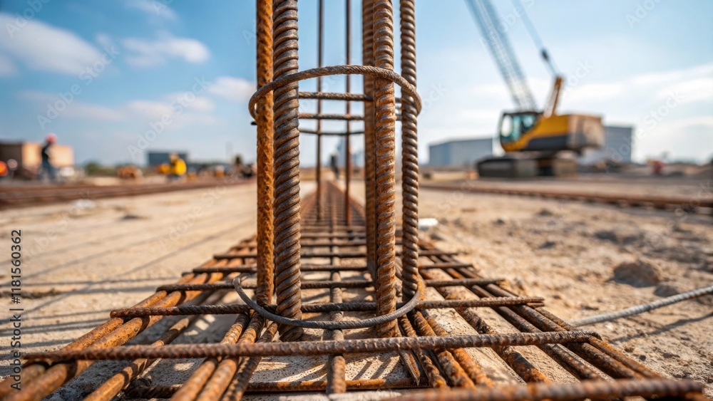 Poster a shot highlighting the reinforcing steel rebar protruding from the top of a drilled foundation pile