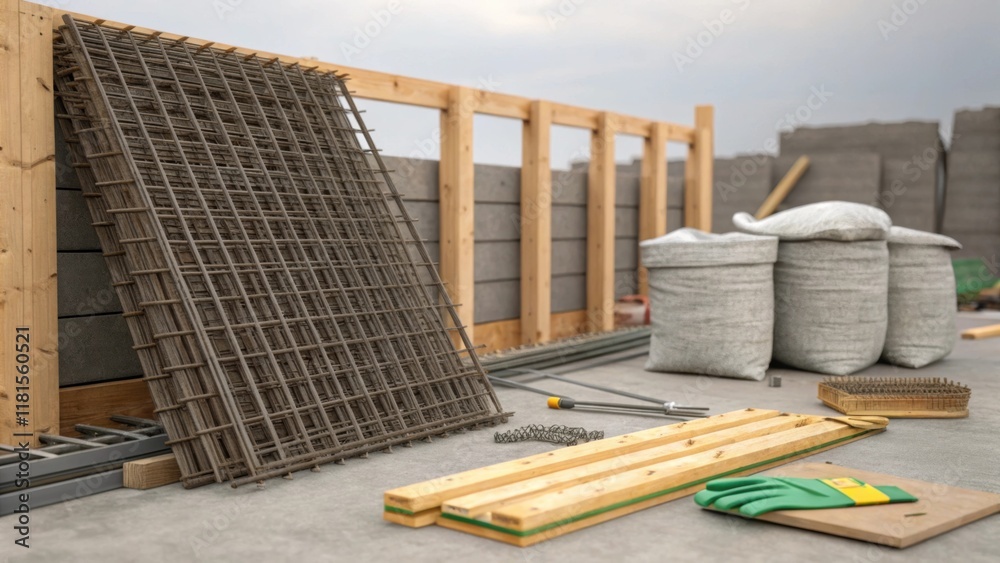 Aufkleber A side view captures the stack of reinforcement mesh leaning against a sy wooden frame with concrete bags and tools tered on the ground emphasizing the organized chaos of