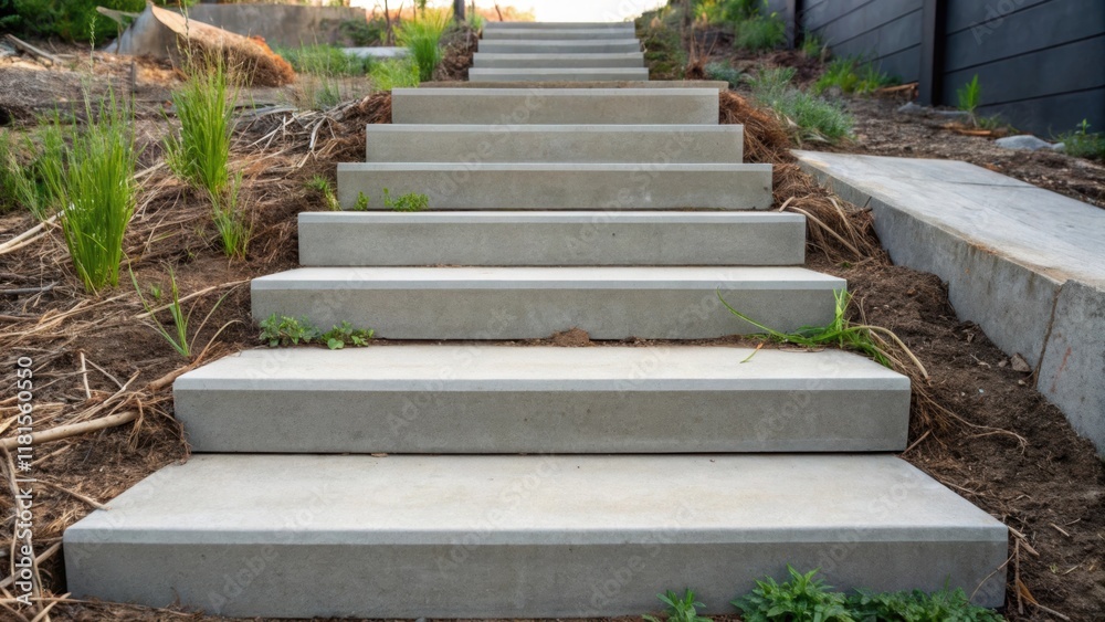 Poster a side profile shot of precast concrete steps revealing the depth of each step and showcasing the su