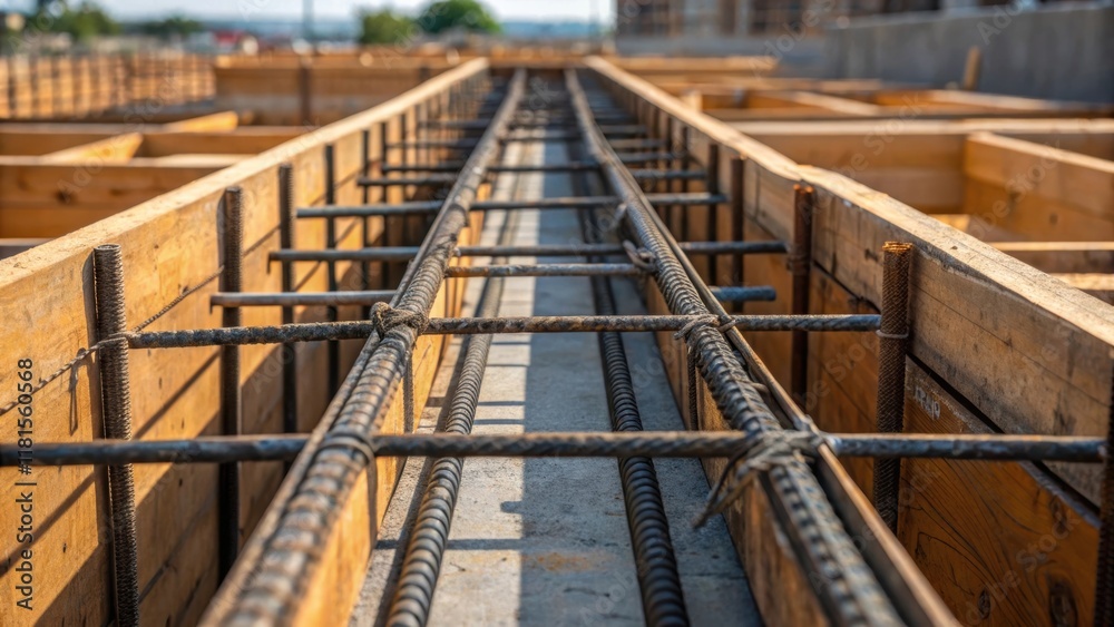 Poster A side view capturing the intricate formwork design with seams and joints emphasized by the stark lines of the rebar visible through the open areas. The contrast of the weathered