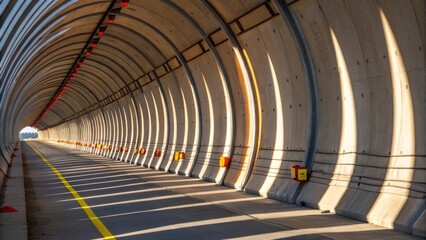A side angle of stacked tunnel segments showcasing the robust edges and seam lines where the pieces interlock. The sunlight casts long shadows across the surfaces and a few