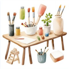First Day Back to School Supplies. Art supply table with paintbrushes, jars, and plants.