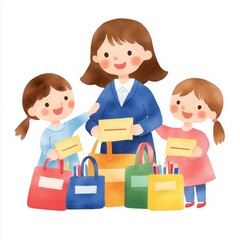 Obraz premium First Day Back to School Supplies. A mother with children holding bags and cards in a playful setting.