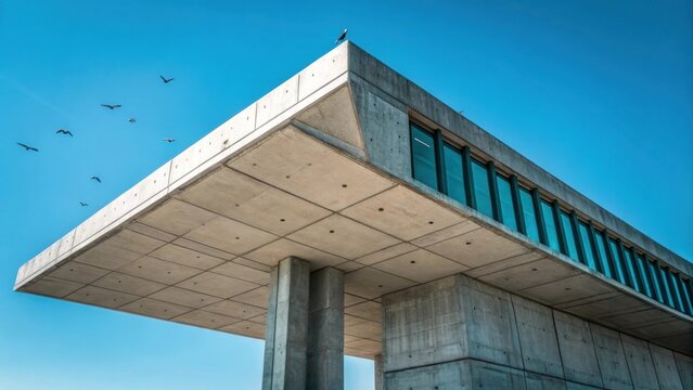 A side view of an elevated precast basin framed against a bright blue sky its angular shape emphasizing functionality and architectural engineering. The raw concrete reflects hints