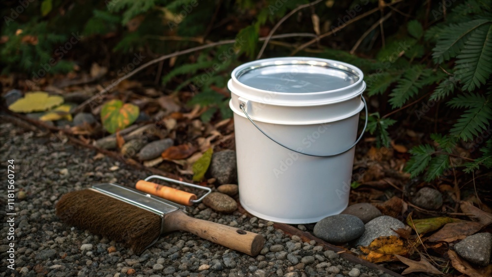 Aufkleber A single paint bucket its lid askew reveals a thin layer of shimmering sealant inside. The bucket is surrounded by tered leaves and small stones with a roller brush resting nearby