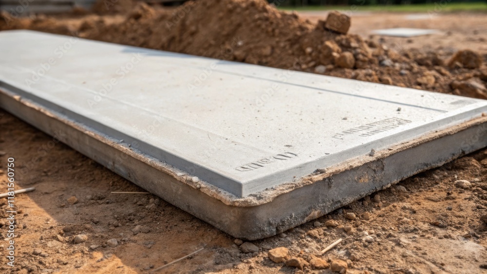 Poster A single precast slab slightly askew lies on the ground exposing its smooth underside. Markings from the casting process are visible along with the rough edges that were left