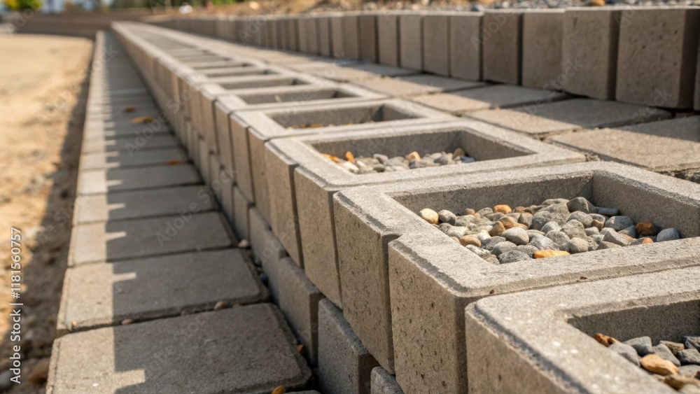 Aufkleber A side view of interlocking retaining wall blocks showcasing the precise alignment and uniformity of their rectangular shapes. Small pebbles and dirt are nestled in the joints
