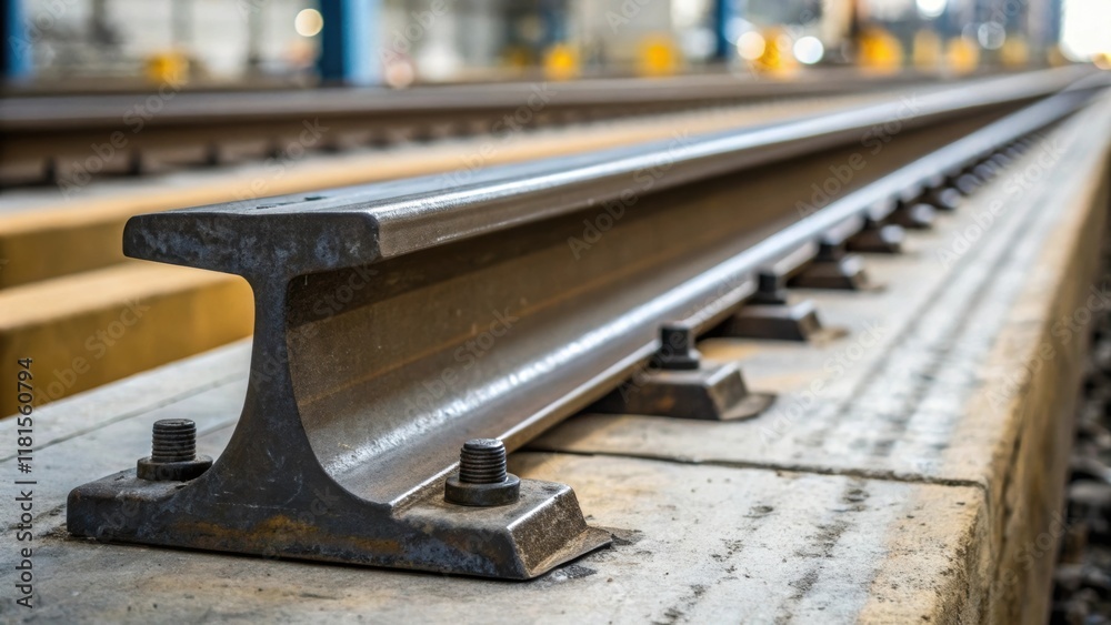 Poster A single rail support is highlighted against a blurred background focusing on the precision engineering of its curved design. Scratches and markings from the manufacturing process