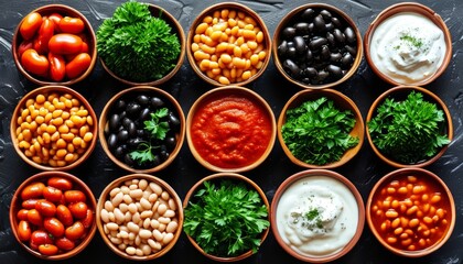 Naklejka premium Colorful Ingredients for Greek Gigantes Bowl with Fresh Toppings and Sauces