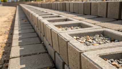 A side view of interlocking retaining wall blocks showcasing the precise alignment and uniformity of their rectangular shapes. Small pebbles and dirt are nestled in the joints