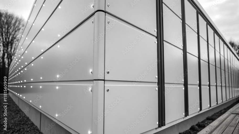 Aufkleber A stark monochromatic closeup showcases the clean lines and minimalist aesthetic of the modular cladding panels. The panels are arranged with precise gaps allowing small light