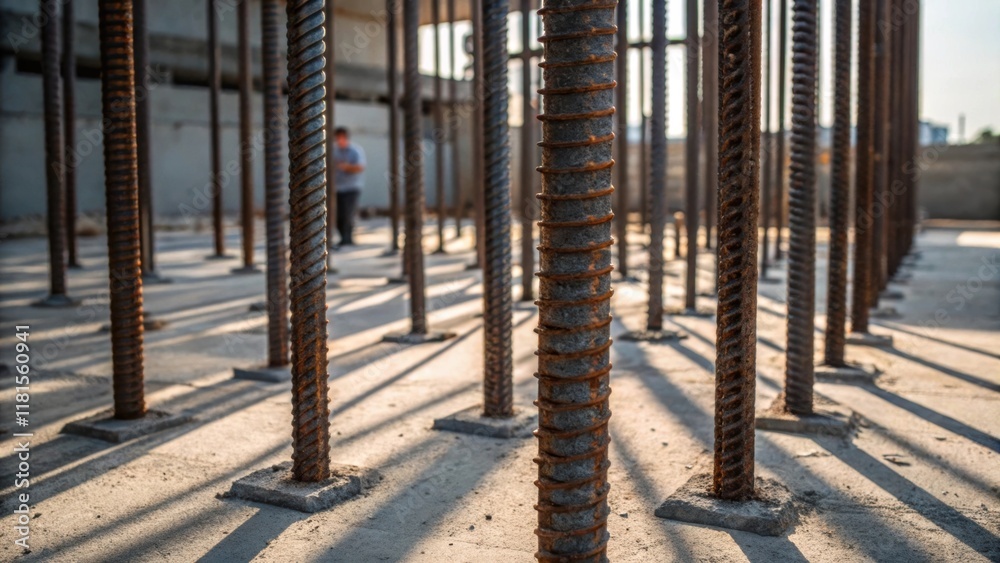 Poster a striking image focuses on the details of the reinforced steel rods protruding from the tops of the
