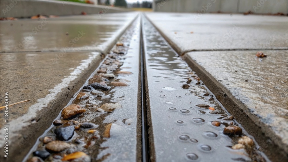Poster A textured closeup of a preformed expansion joint in the context of a rainy day with droplets of water pooling in some of the grooves. The contrast between the shiny wet surface