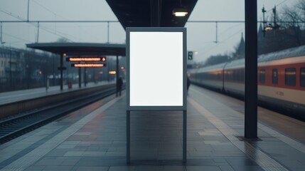 Fototapeta premium Empty white vertical poster on a metallic stand is standing on a train station platform with a blurred train arriving in the background and some commuters walking on the platform