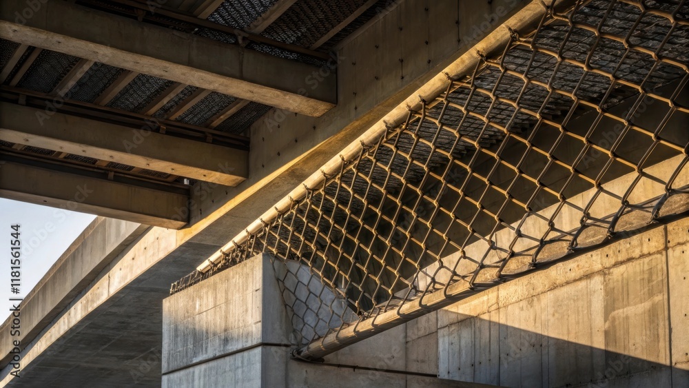 Aufkleber A tilted angle view of a bridge abutment reveals the interplay of form and function. The intertwined reinforcement mesh is photographed against a backdrop of fading concrete and