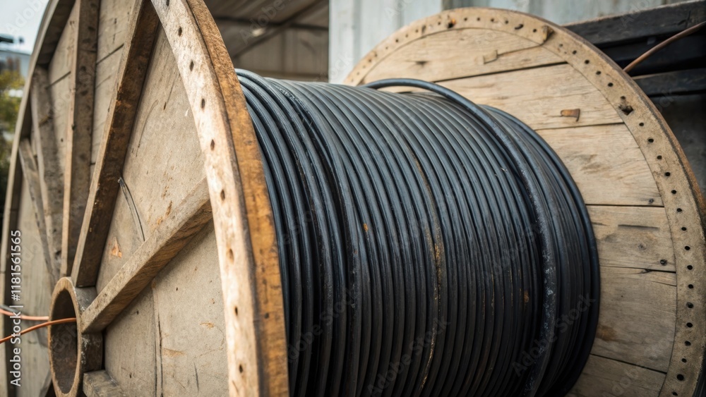 Aufkleber A topdown perspective of a large circular spool its surface worn and weathered with spirals of thick black cable cascading over the edges inviting the viewer to appreciate the