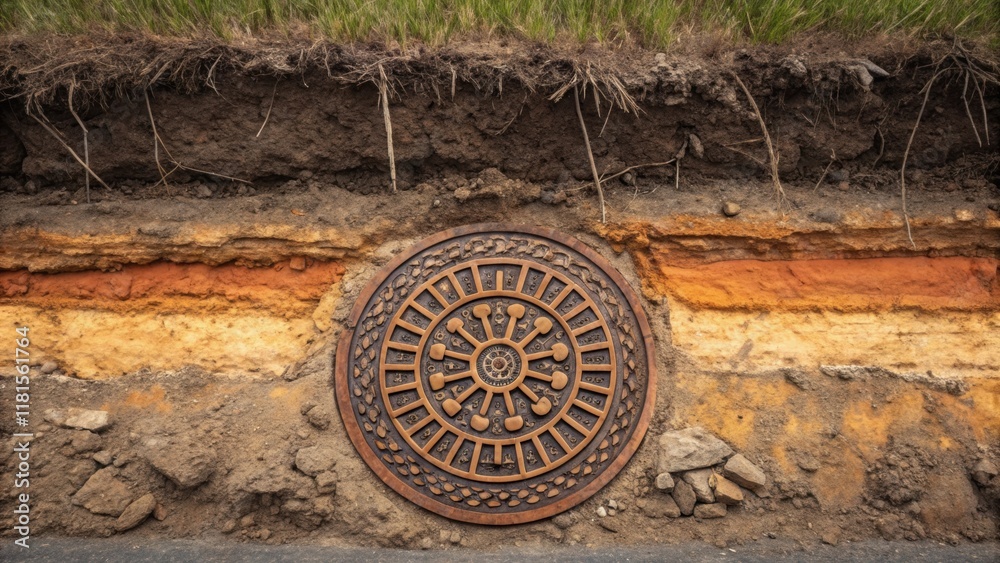 Aufkleber a vibrant closeup of a manhole cover adorned with a unique pattern flanked by layers of hardened ear