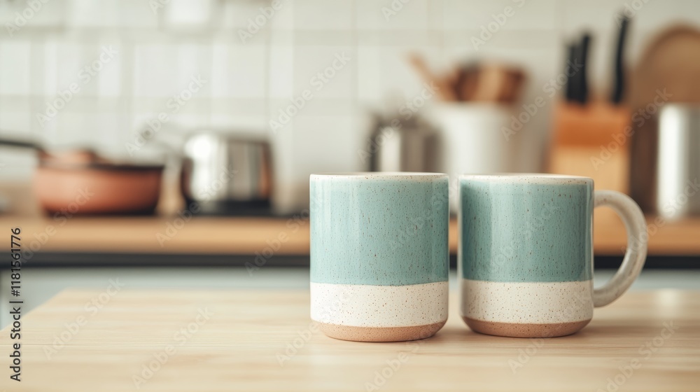 Poster two empty ceramic mugs are standing on a wooden table in a modern kitchen, ready for a comforting ho