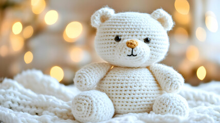 Cute Crochet Bear Sits Peacefully on Soft Blanket with Warm Lights